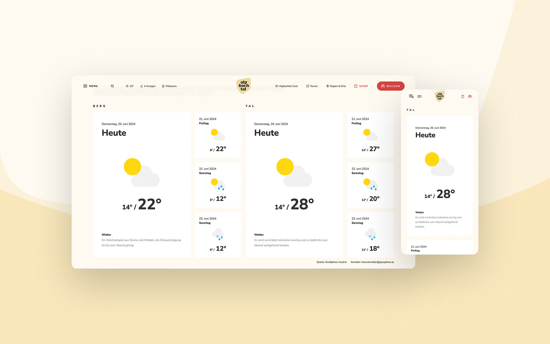 Mockup der neuen Website des TVB Alpbachtal. Zu sehen ist die Wetterseite auf einem Desktop & einem Smartphone.
