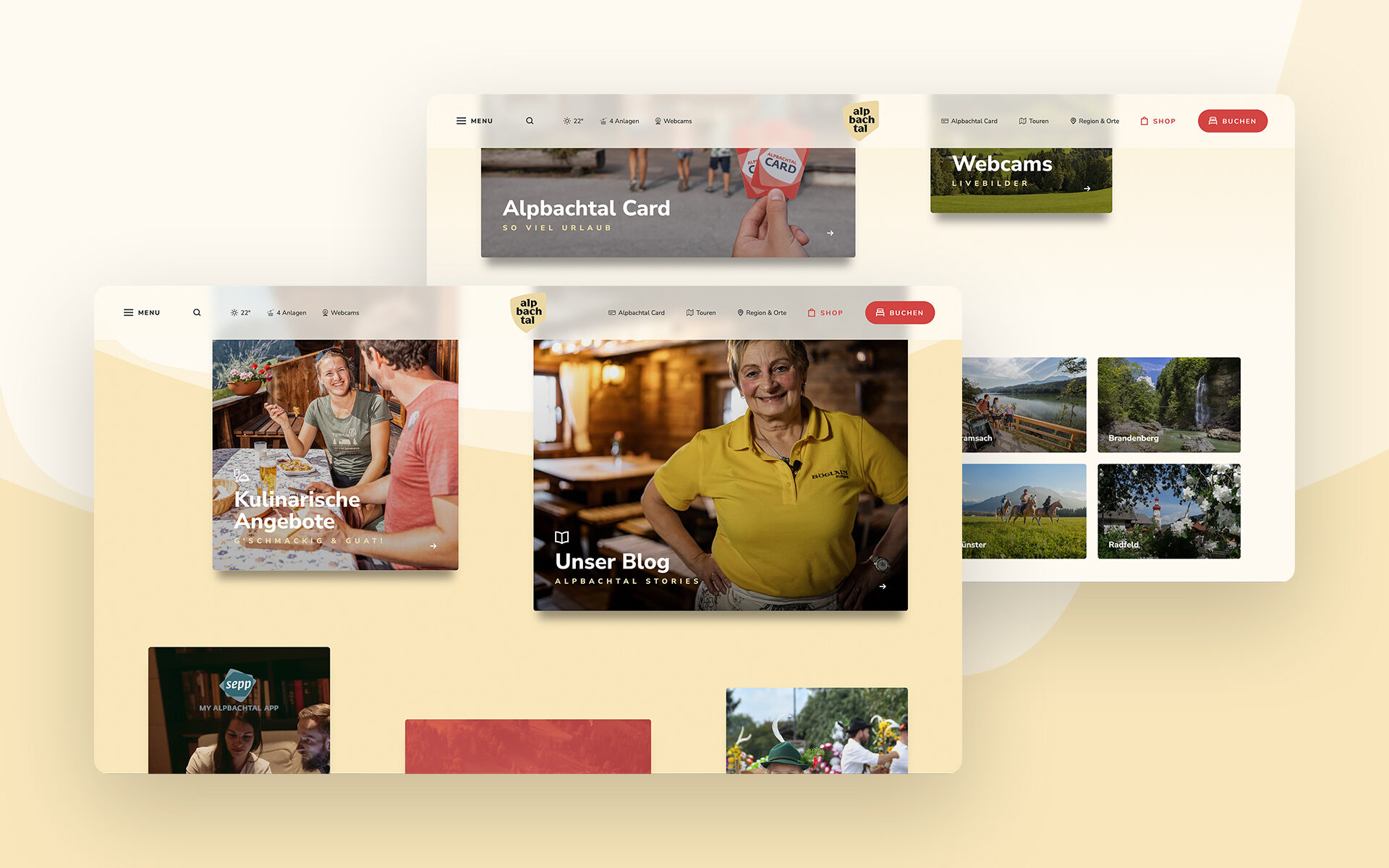 Mockup der neuen Website des TVB Alpbachtal. Zu sehen sind die unterschiedlichen Unterseiten auf Kacheln.