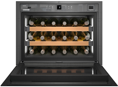 Ein LIEBHERR-Weinkühlschrank mit zwei Holzregalen bietet Platz für 12 Flaschen Wein. Die Tür ist offen und gibt den Blick auf ein digitales Bedienfeld frei, das sich perfekt für die Verwaltung Ihrer Sammlung über Adobe Commerce eignet.