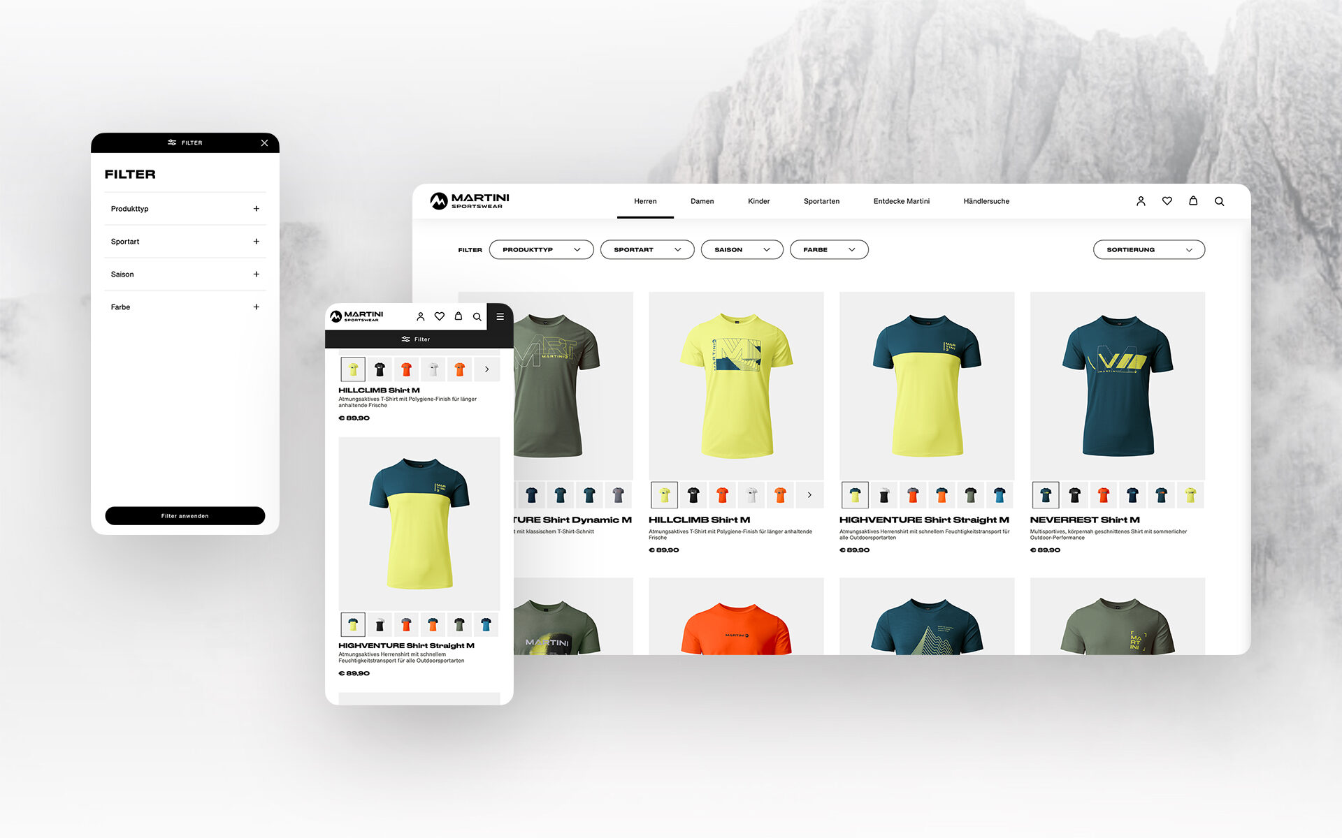 Screenshots der neuen Website Martinie Sportswear von valantic Austria: zu sehen ist der Onlineshop mit unterschiedlichen T-Shirts für Männer.