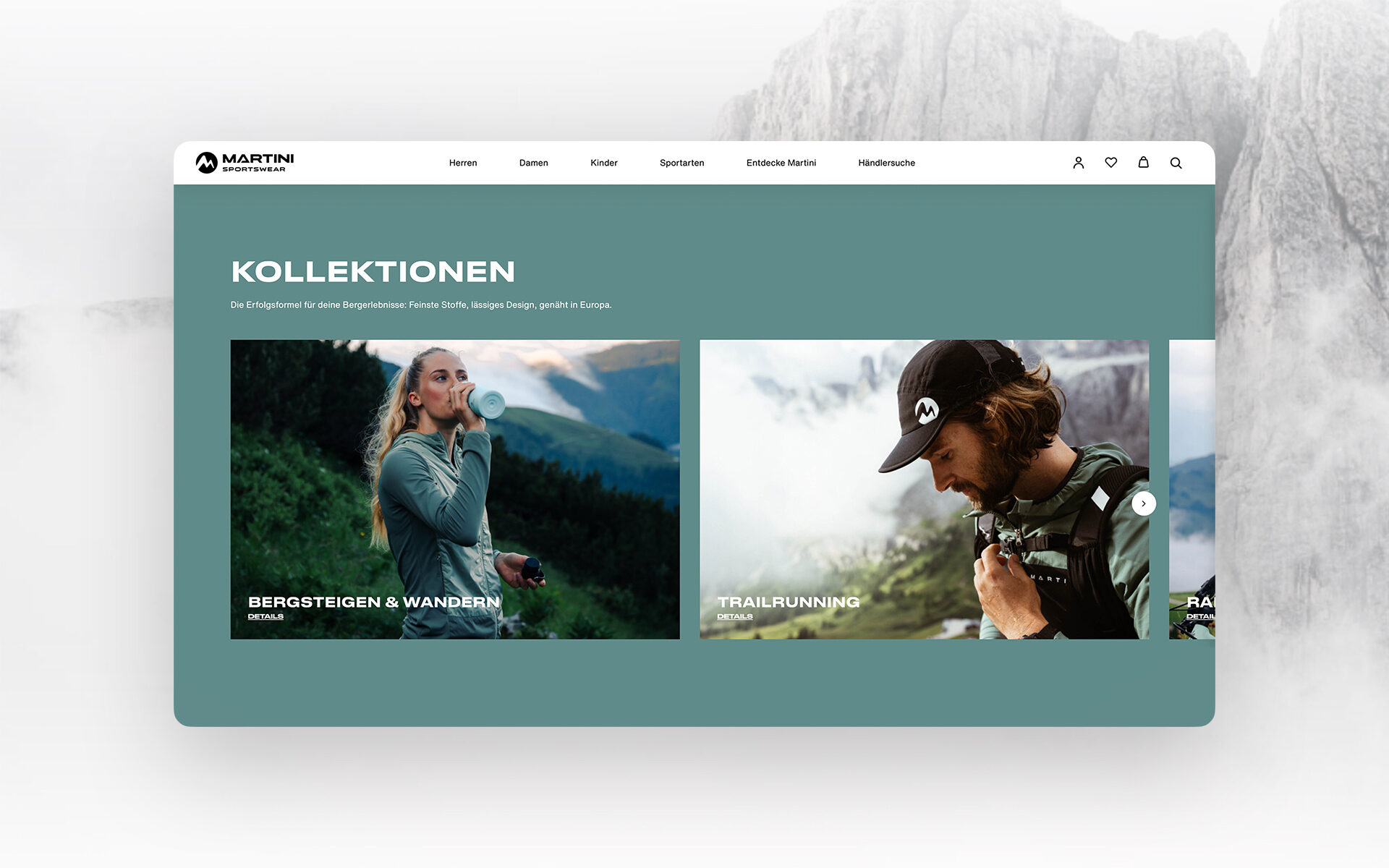 Screenshots der neuen Website Martinie Sportswear von valantic Austria: zu sehen ist die Startseite für unterschiedliche Kollektionen & Sportarten wie Wandern oder Trailrunning.