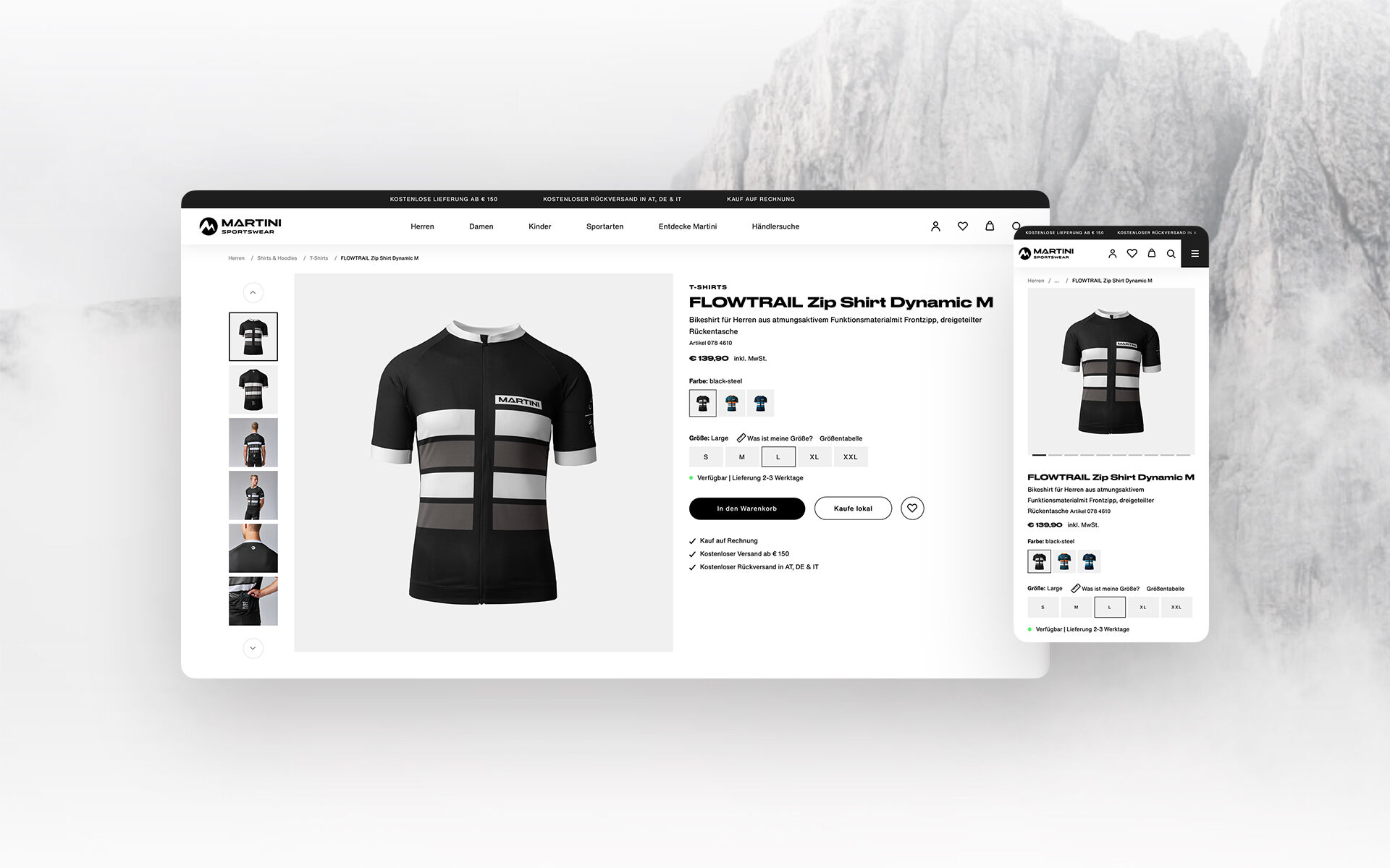 Screenshots der neuen Website Martinie Sportswear von valantic Austria: zu sehen ist eine Produktseite eine schwarzen Sportshirts für Männer.