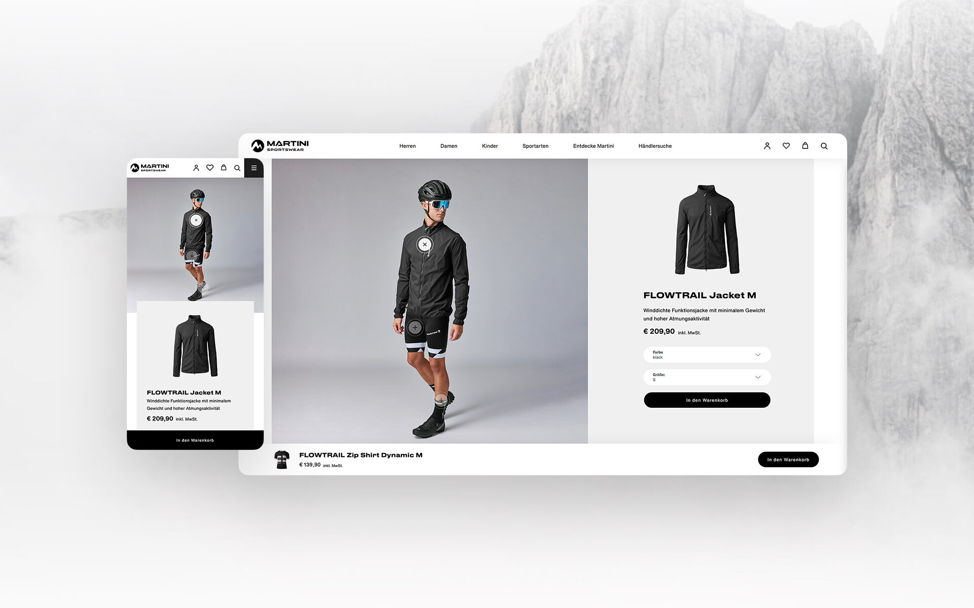 Screenshots der neuen Website Martinie Sportswear von valantic Austria: zu sehen ist eine Produktseit einer schwarzen Sportjacke für Männer.