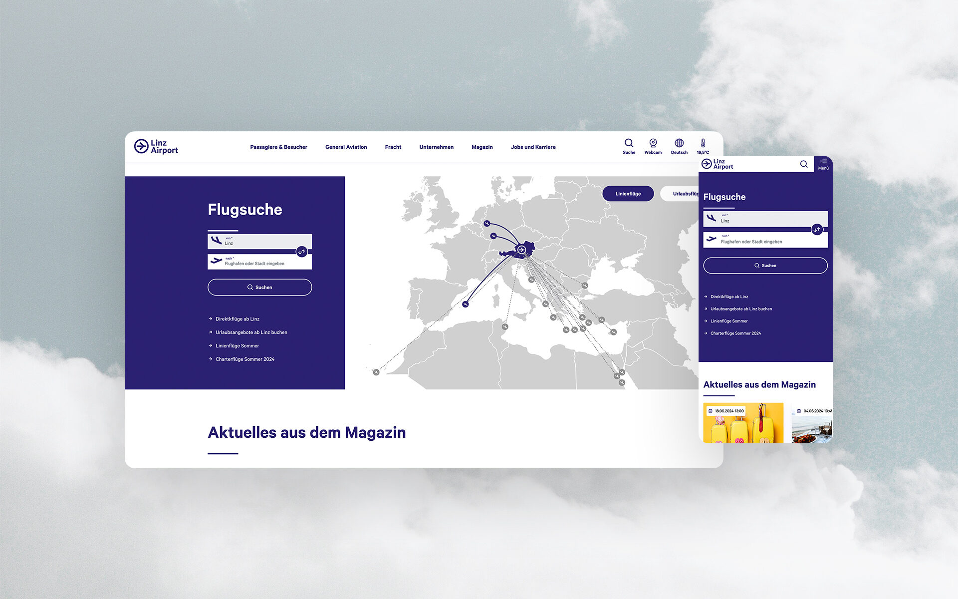 Screenshot der neuen Linz Airport-Website von valantic Austria: Zu sehen ist die Flugsuche von Linz Airport