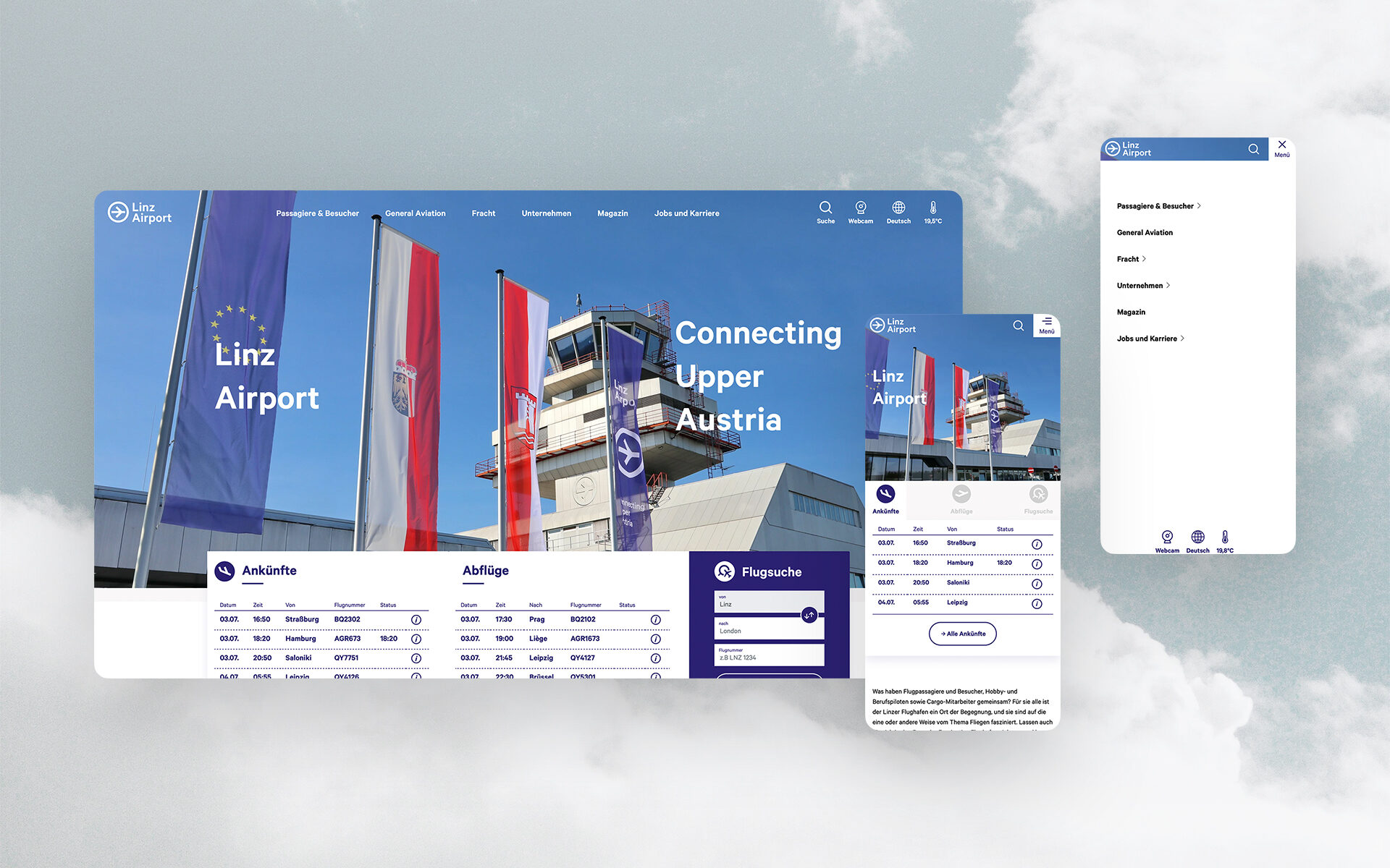 Screenshot der neuen Linz Airport-Website von valantic Austria: Zu sehen ist die Startseite von Linz Airport in Desktop-Größe und Smartphone-Größe.