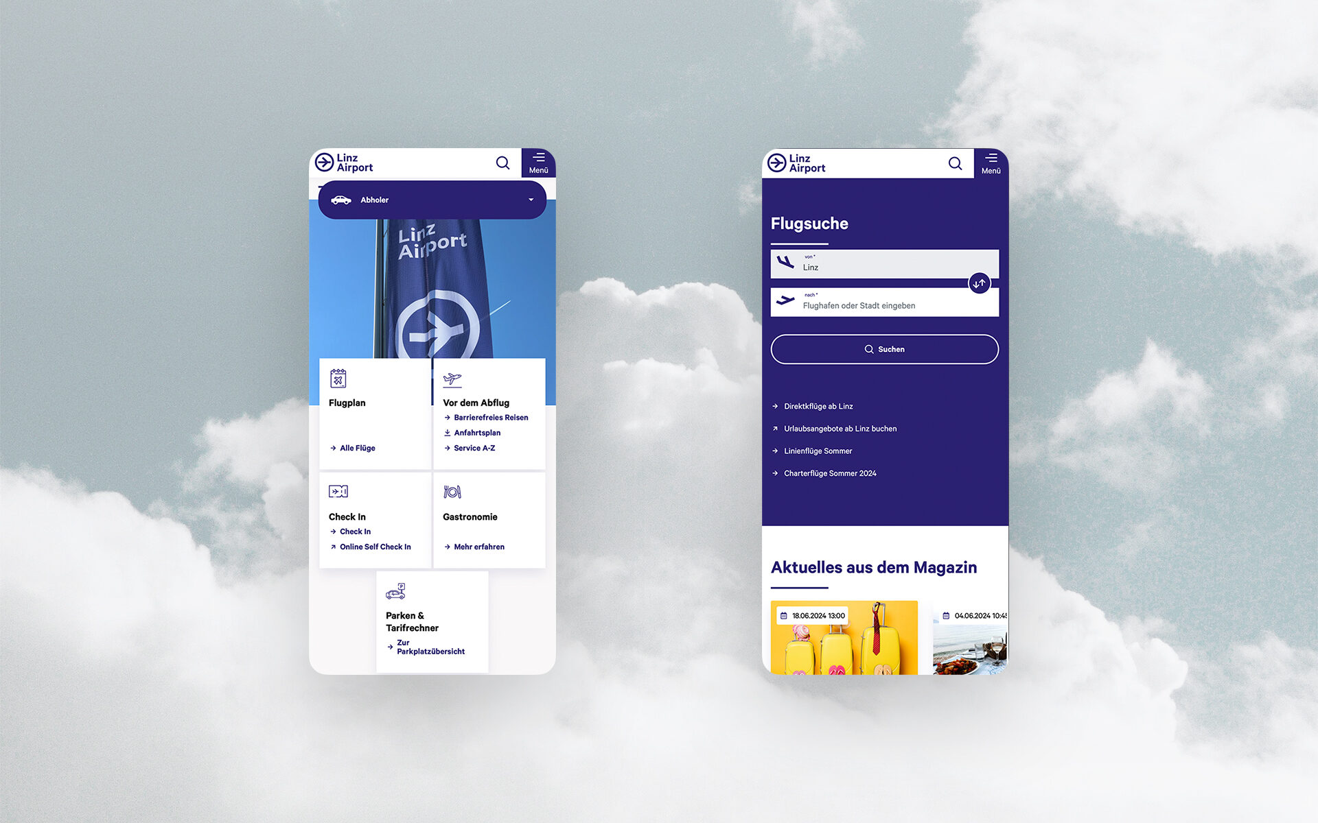 Screenshot der neuen Linz Airport-Website von valantic Austria: Zu sehen ist die Startseite von Linz Airport und die Flug-Suche auf zwei Smartphone-Bildschirmen.