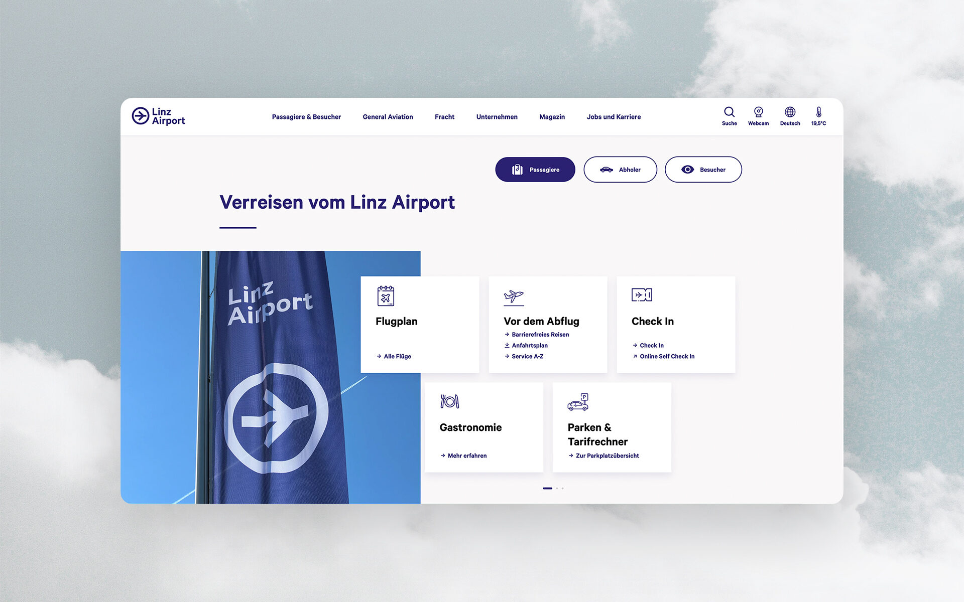 Screenshot der neuen Linz Airport-Website von valantic Austria: Zu sehen ist die Startseite von Linz Airport