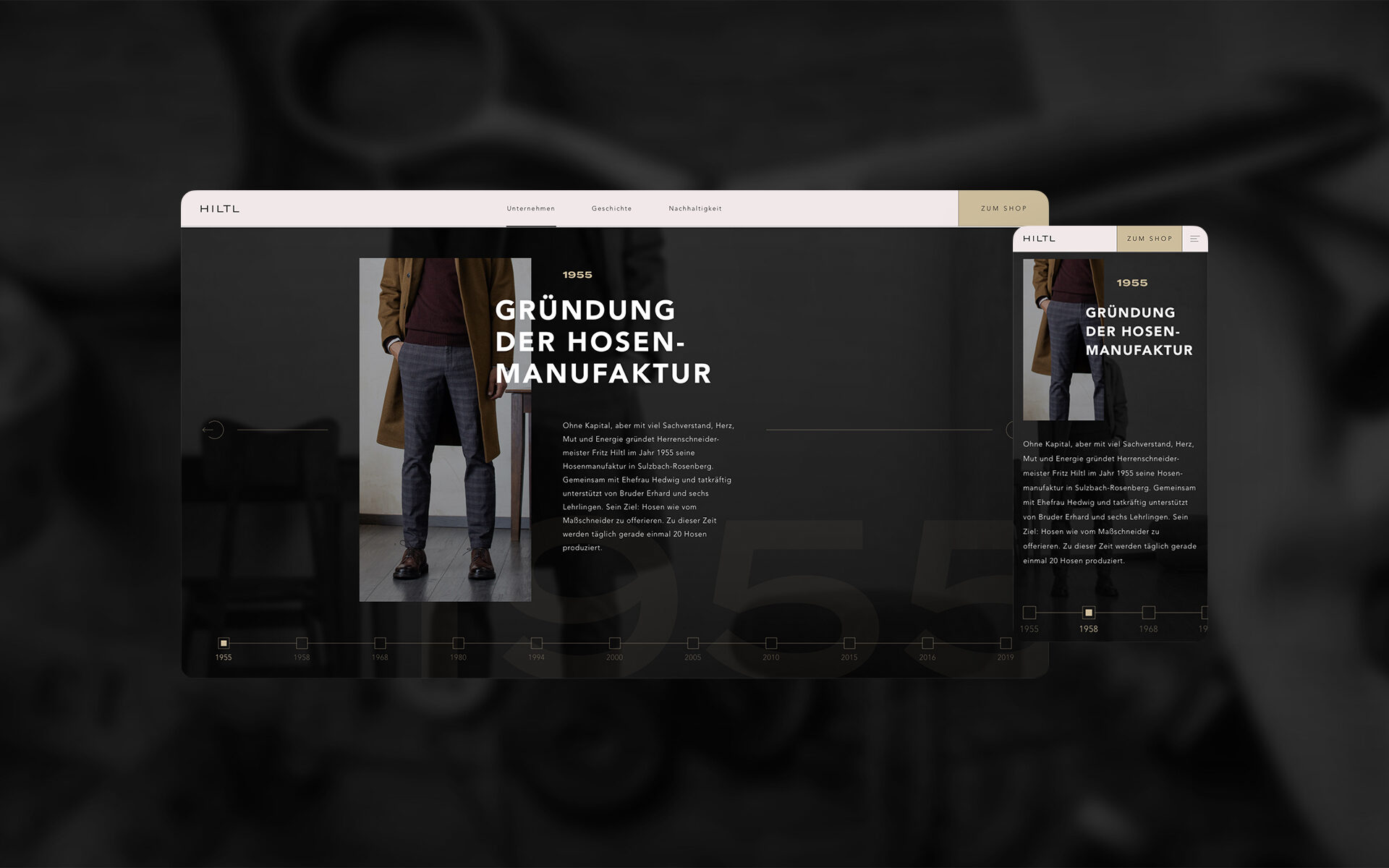 Screenshot der neuen HILTL-Website von valantic Austria: Zu sehen ist die Gründungs-Seite von HILTL mit Text und einem Bild von einem Mann, der eine HILTL-Hose trägt.