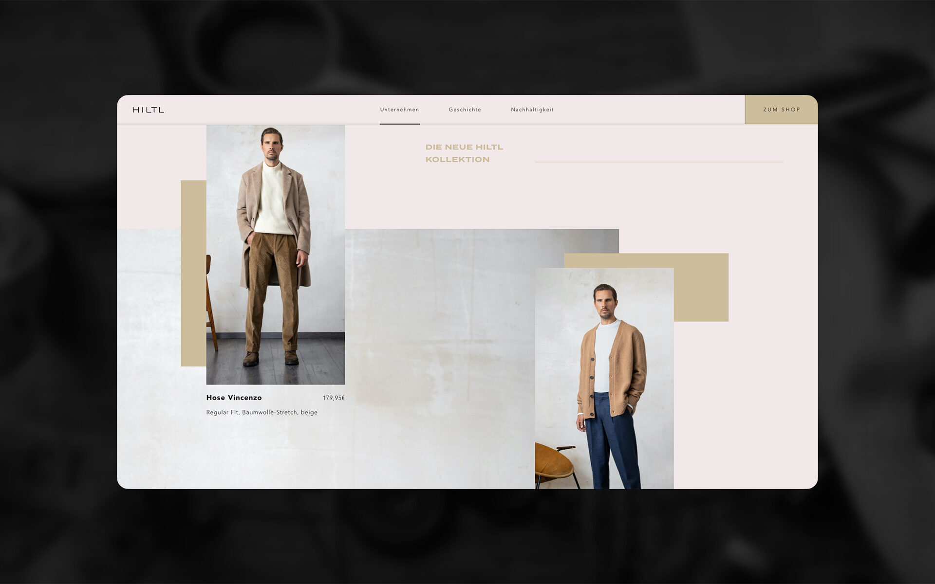Screenshot der neuen HILTL-Website von valantic Austria: Zu sehen ist ein Mann, der für eine Hose modelt.