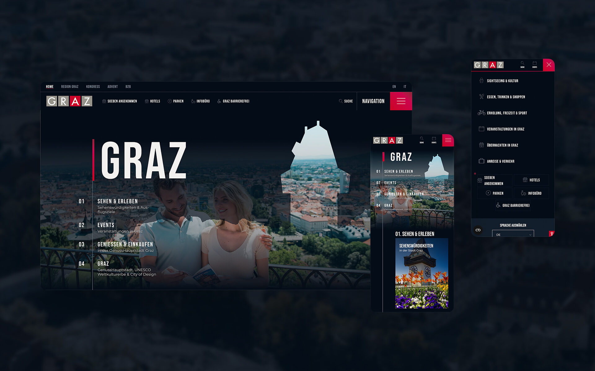 Screenshot der neuen Website von Visit Graz, die valantic Austria entwickelt hat: Zu sehen sind die Startseite und das Menü