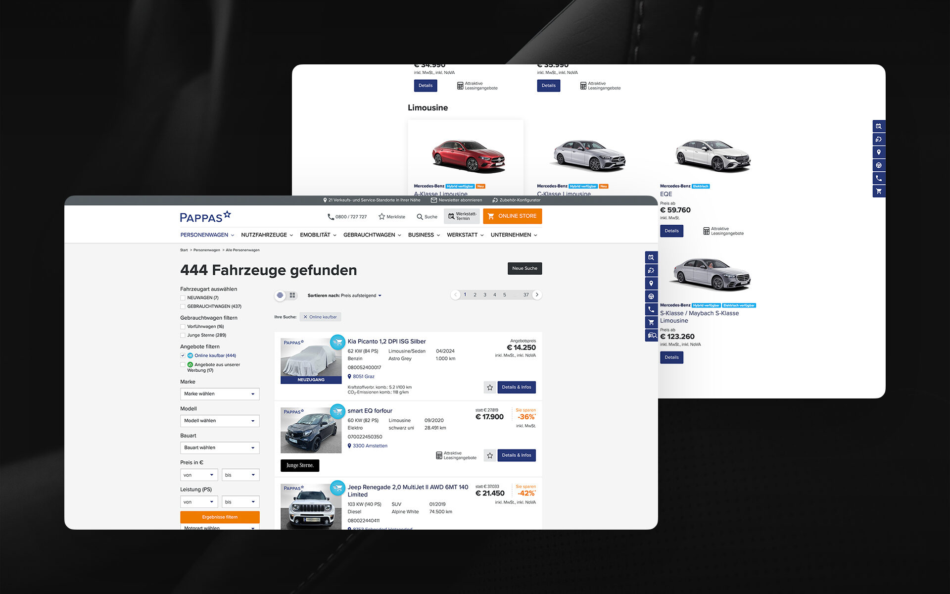 Screenshots der Pappas-Website