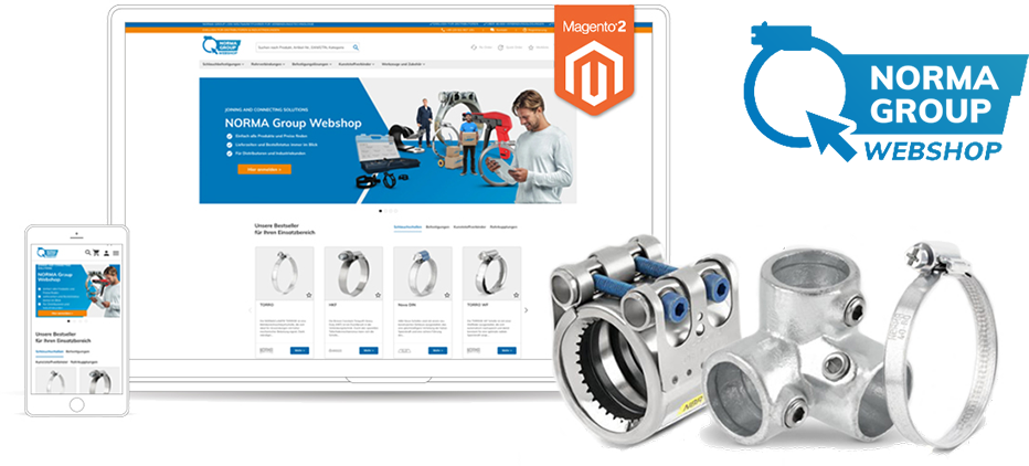 A laptop and smartphone display an e-commerce Webshop, featuring large metal clamps from NORMA GROUP in the foreground alongside the Magento 2 logo.