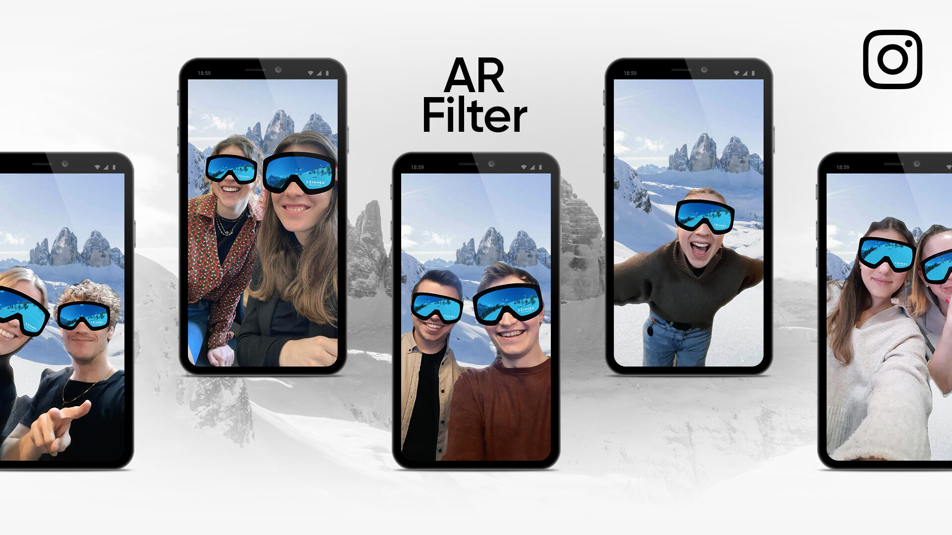 Grafik von einer mehreren Smartphone-Bildschirmen, die fröhliche Personen mit dem AR-Filter von 3 Zinnen Dolomites zeigen. Dahinter sieht man die Dolomiten. In der rechten Ecke ist das Instagram-Logo.