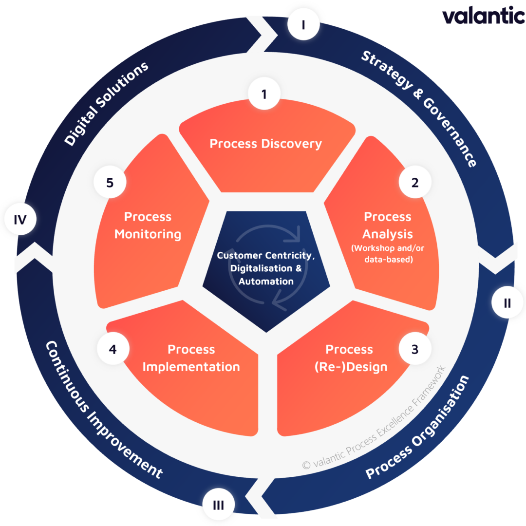 Graphic of valantic Management Consulting's Process Excellence Framework with an inner and outer circle