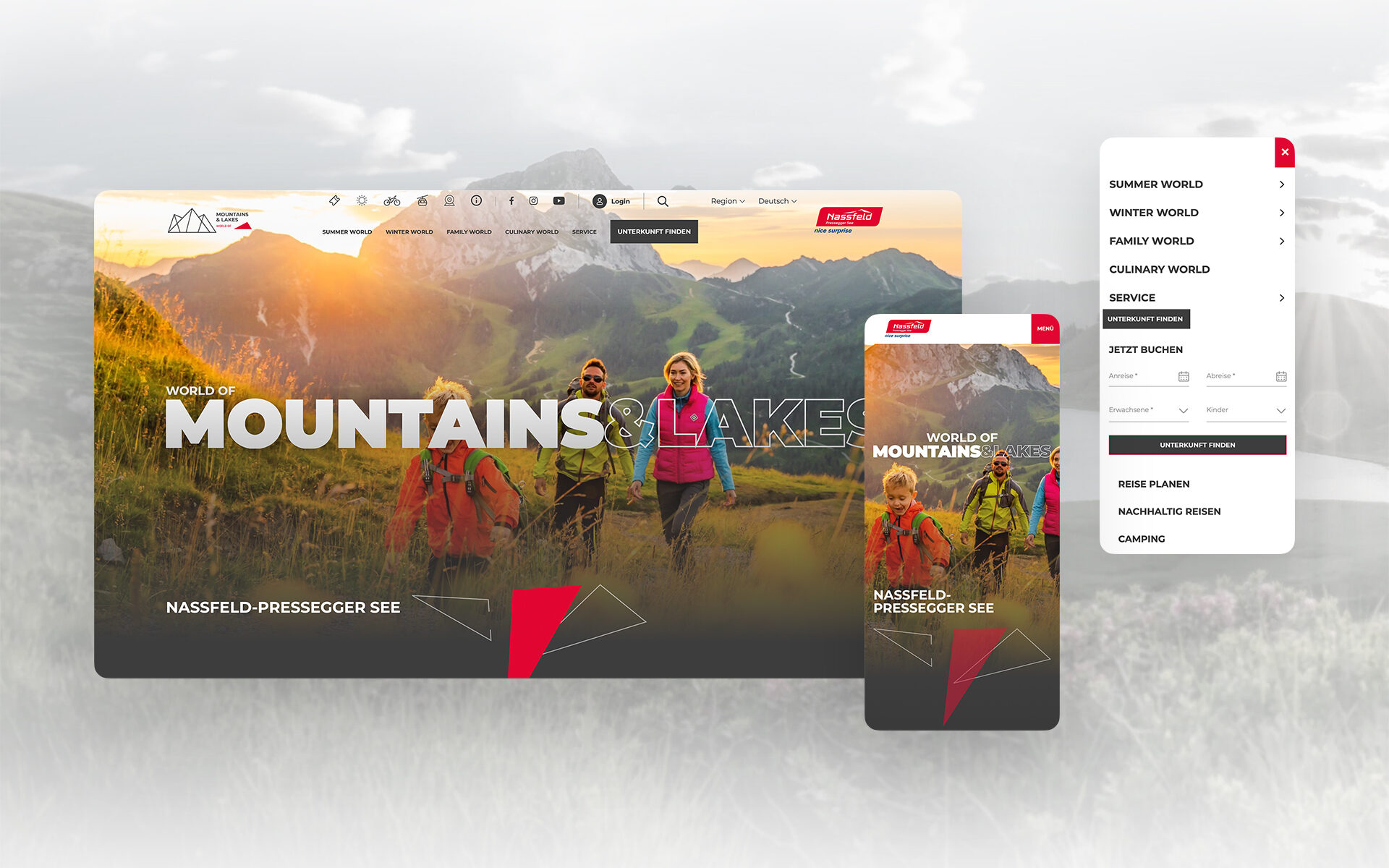 Mockups von der neuen Nassfeld-Website. Dargestellt auf einem Desktop und zwei Smartphones. Im Hintergrund sieht man Berge.