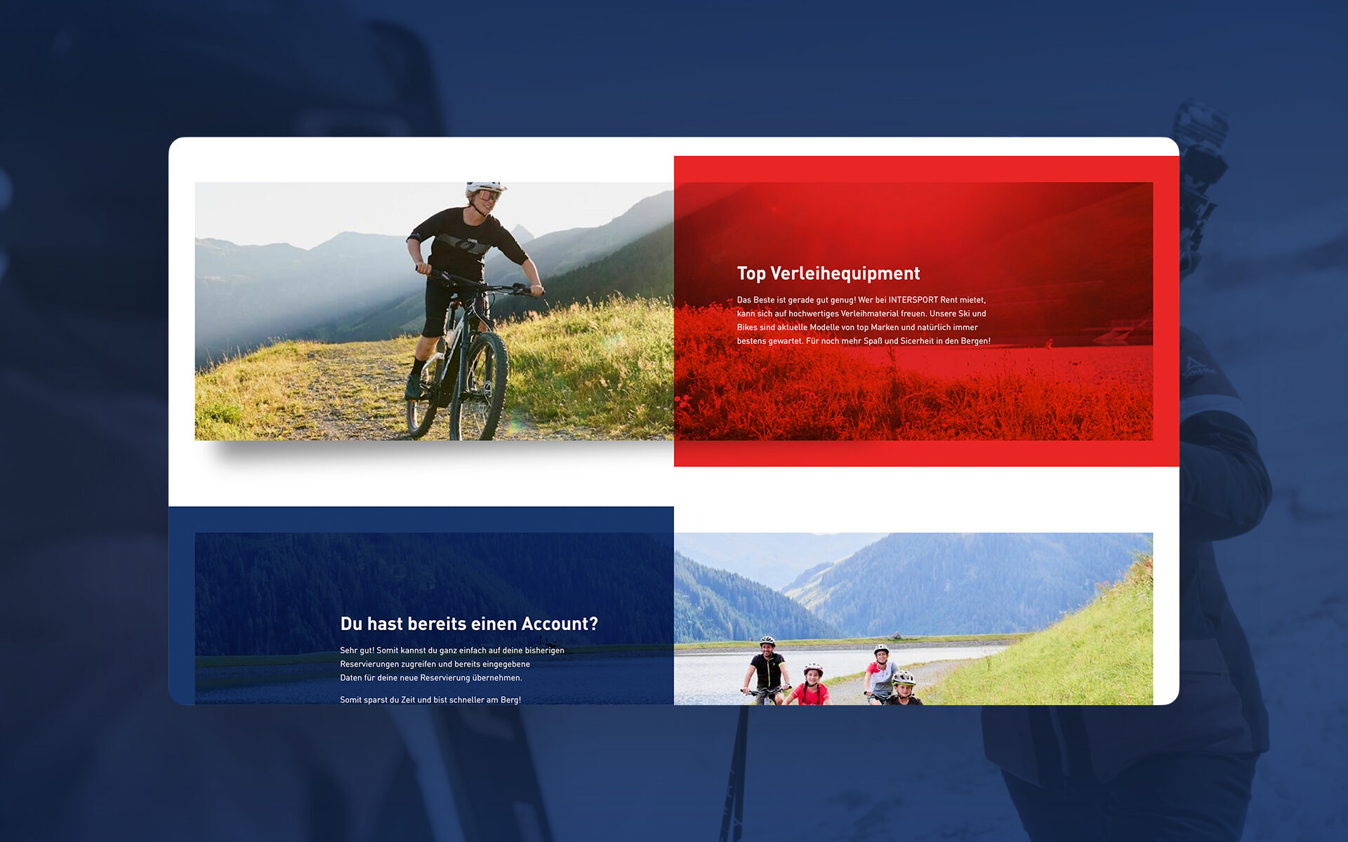 Screenshot von der neuen Intersport Rent Website: Zu sehen sind Teaser in blau und rot, sowie Fotos von Fahrradsportler*innen.