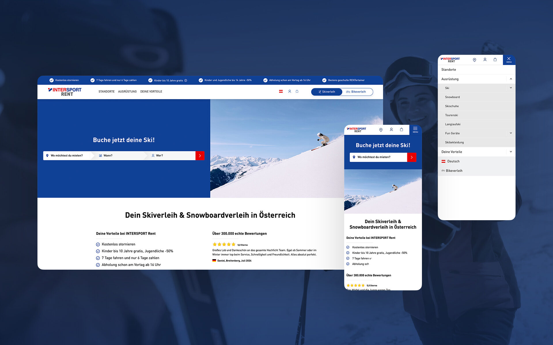 Mockup der neuen Website für Sport-Leihartikel von Intersport Rent. Dargestellt auf einem Desktop und zwei Smartphones.