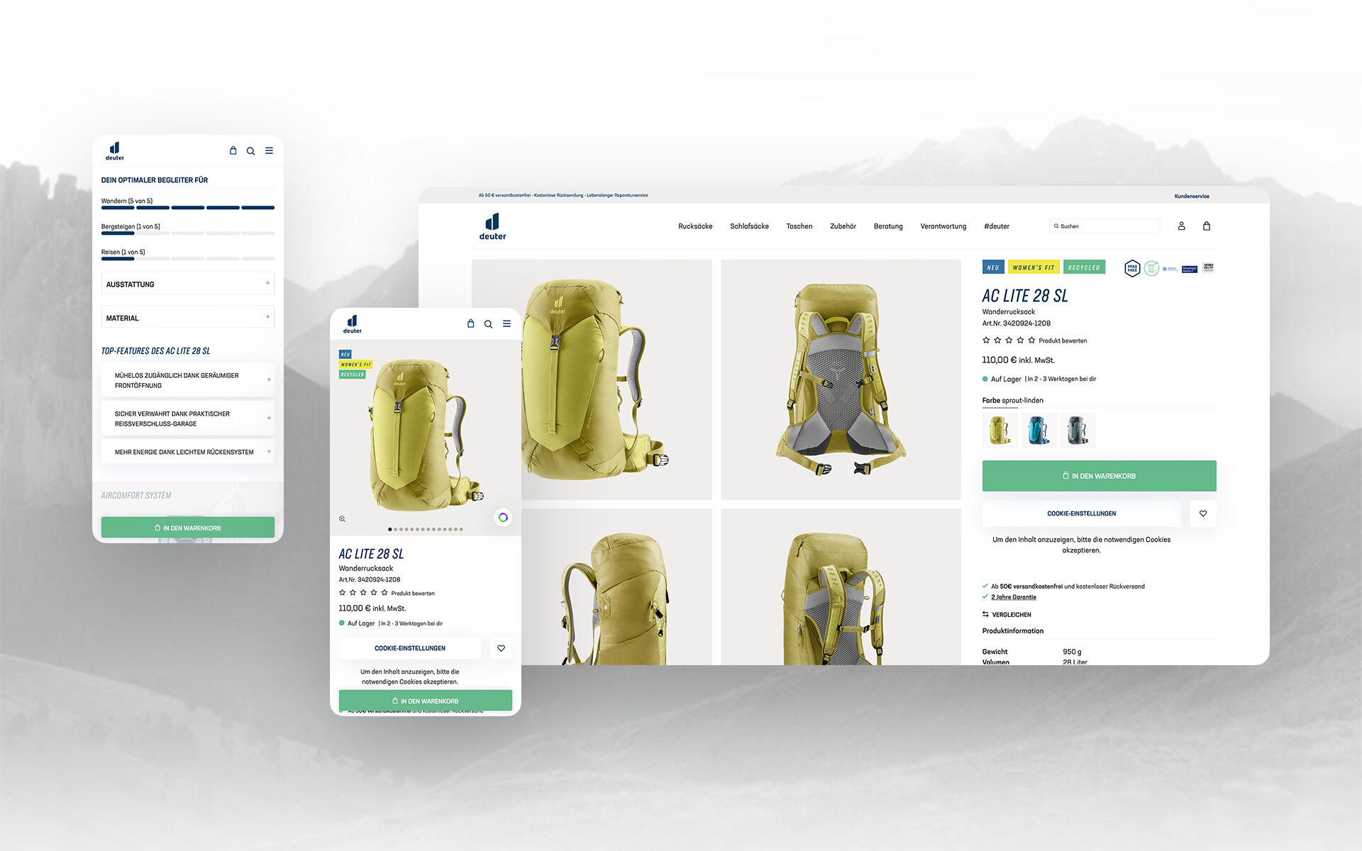 Screenshot des neuen Deuter-Onlineshop: zu sehen ist die Detailansicht eines Wander-Rucksacks.