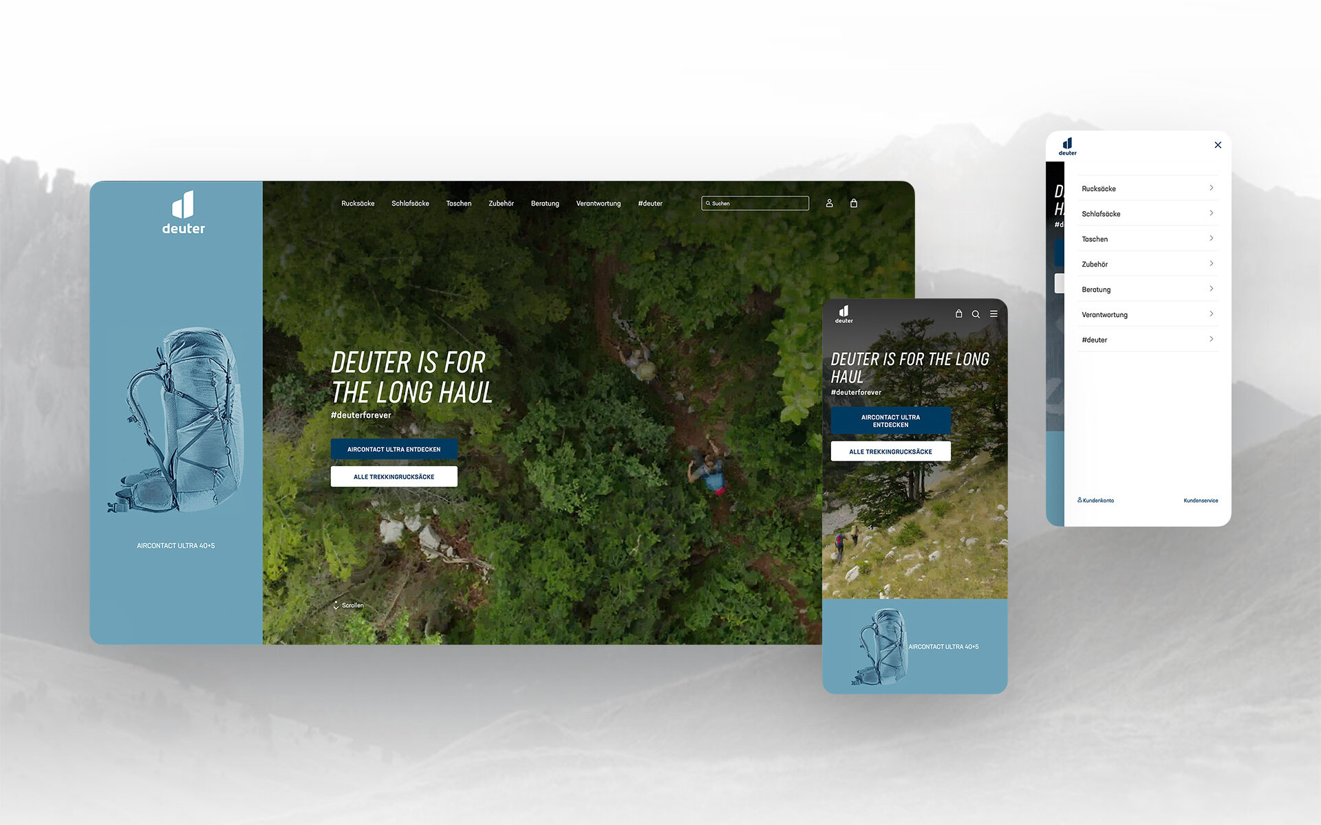 Mockup der neuen Deuter-Website: Dargestellt auf einem Desktop und zwei Smartphones.