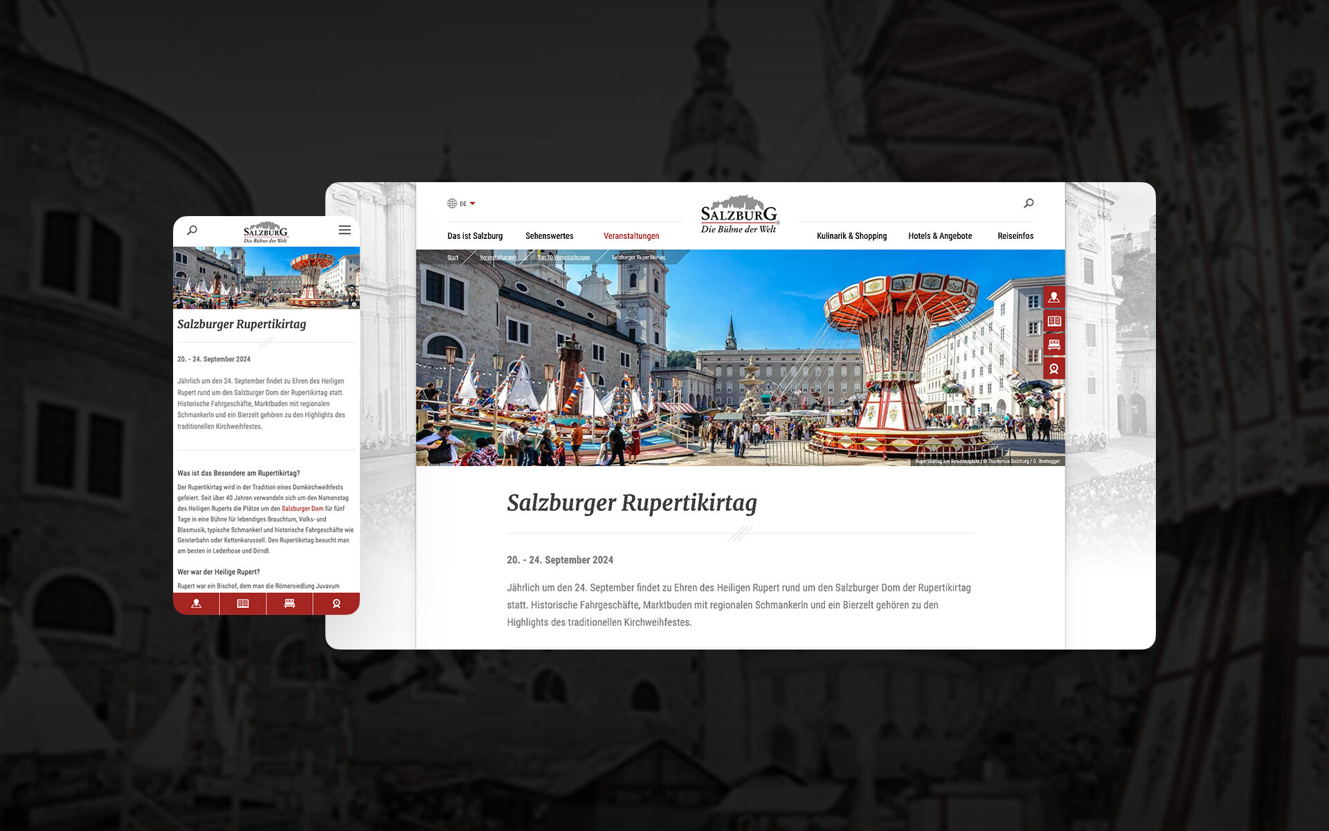 Screenshot der neuen salzburg.info.com-Website. Zu sehen ist die Veranstaltungsseite für den Rupertikirtag.