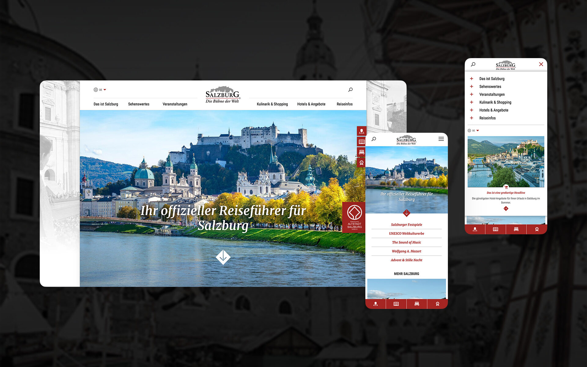 Mockup der neuen salzburg.info.com-Website. Dargestellt auf einem Desktop und einem Smartphone.