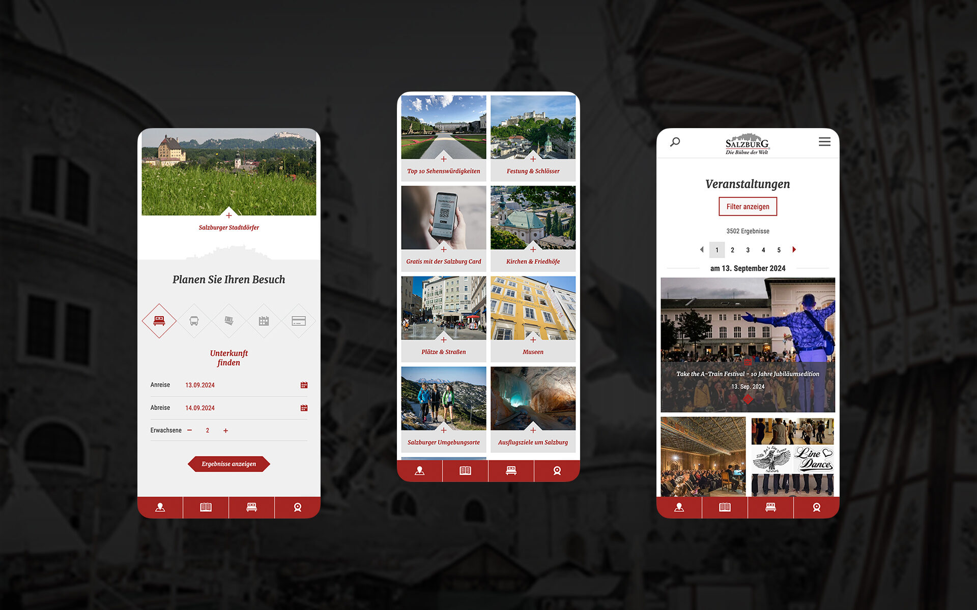 Mockup der neuen salzburg.info.com-Website. Dargestellt auf drei Smartphones.