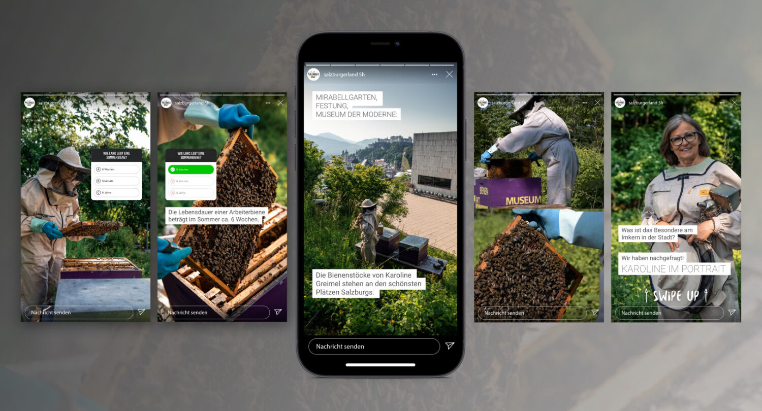 Mockup der Instagram-Kampagne "Lebens(t)räume" von SalzburgerLand Tourismus. Zu sehen sind Instagram-Story-Slides mit einer Imkerin bei der Arbeit.