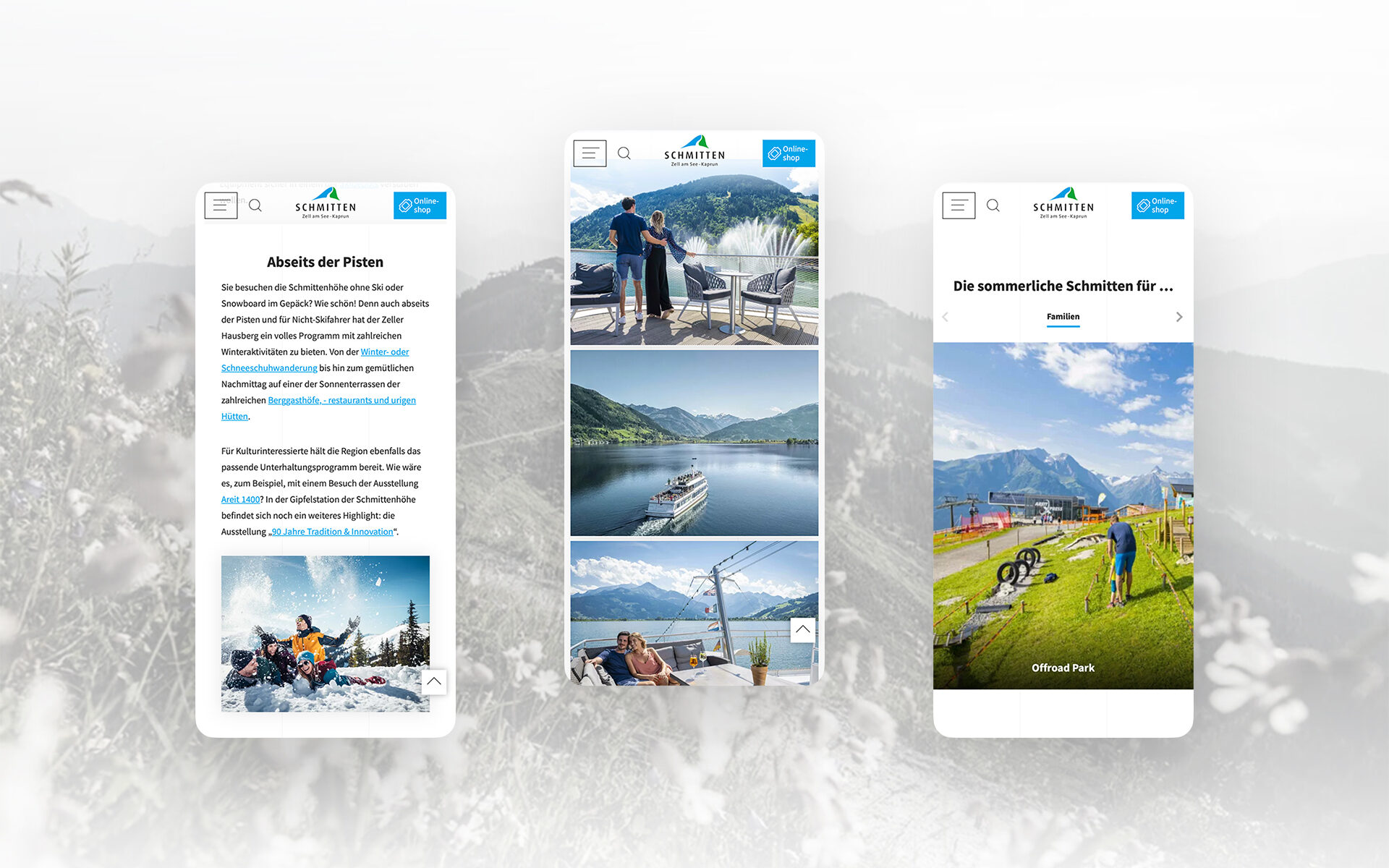 Screenshots der verschiedener Contentseiten von der Schmittenhöhe in Zell am See.
