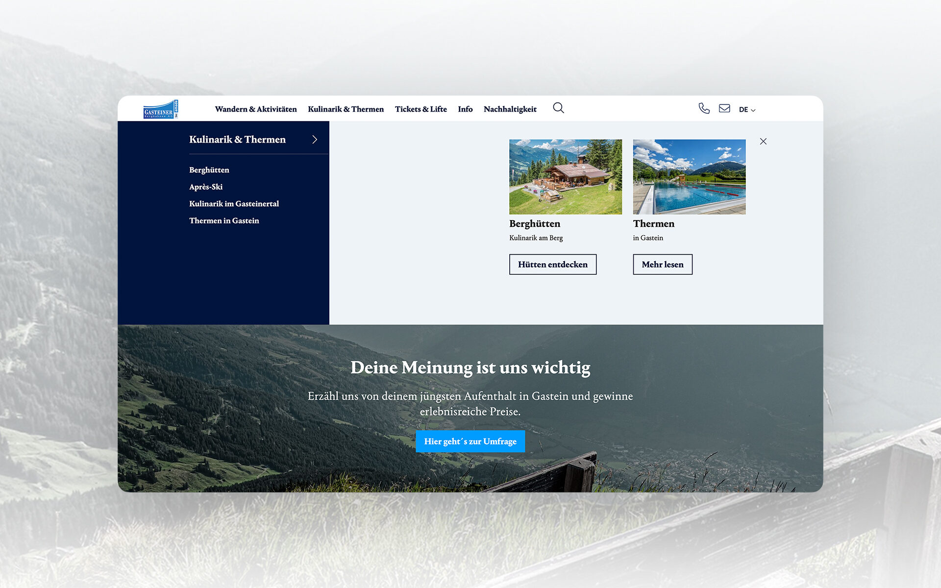 Screenshot der neuen Website von Skigastein. Zu sehen ist die Nachhaltigkeitsseite mit mehreren Teasern. und dem Menüband