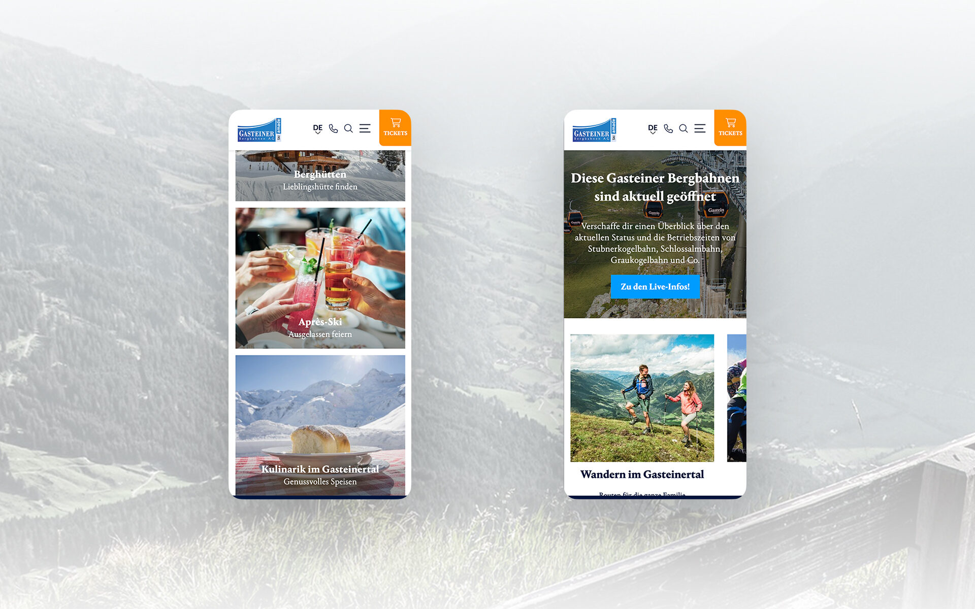 Mockup von der neuen Skigastein-Website: Dargestellt auf drei Smartphones