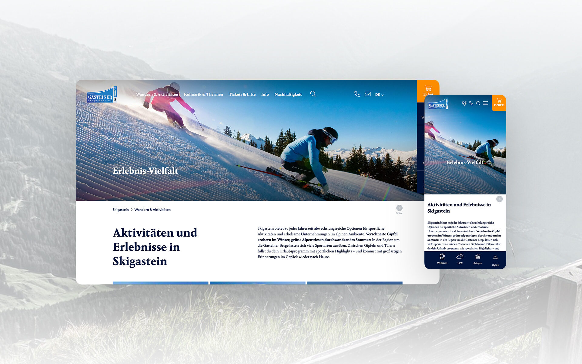 Screenshot der Startseite der neuen Skigastein-Website.