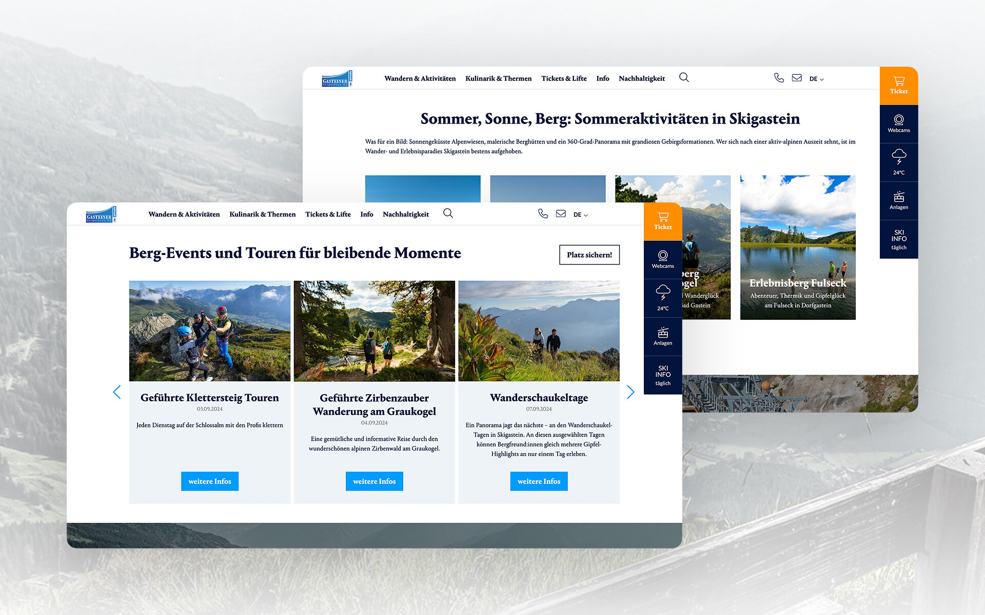 Screenshot der neuen Website von Skigastein. Zu sehen ist die Nachhaltigkeitsseite mit mehreren Teasern.