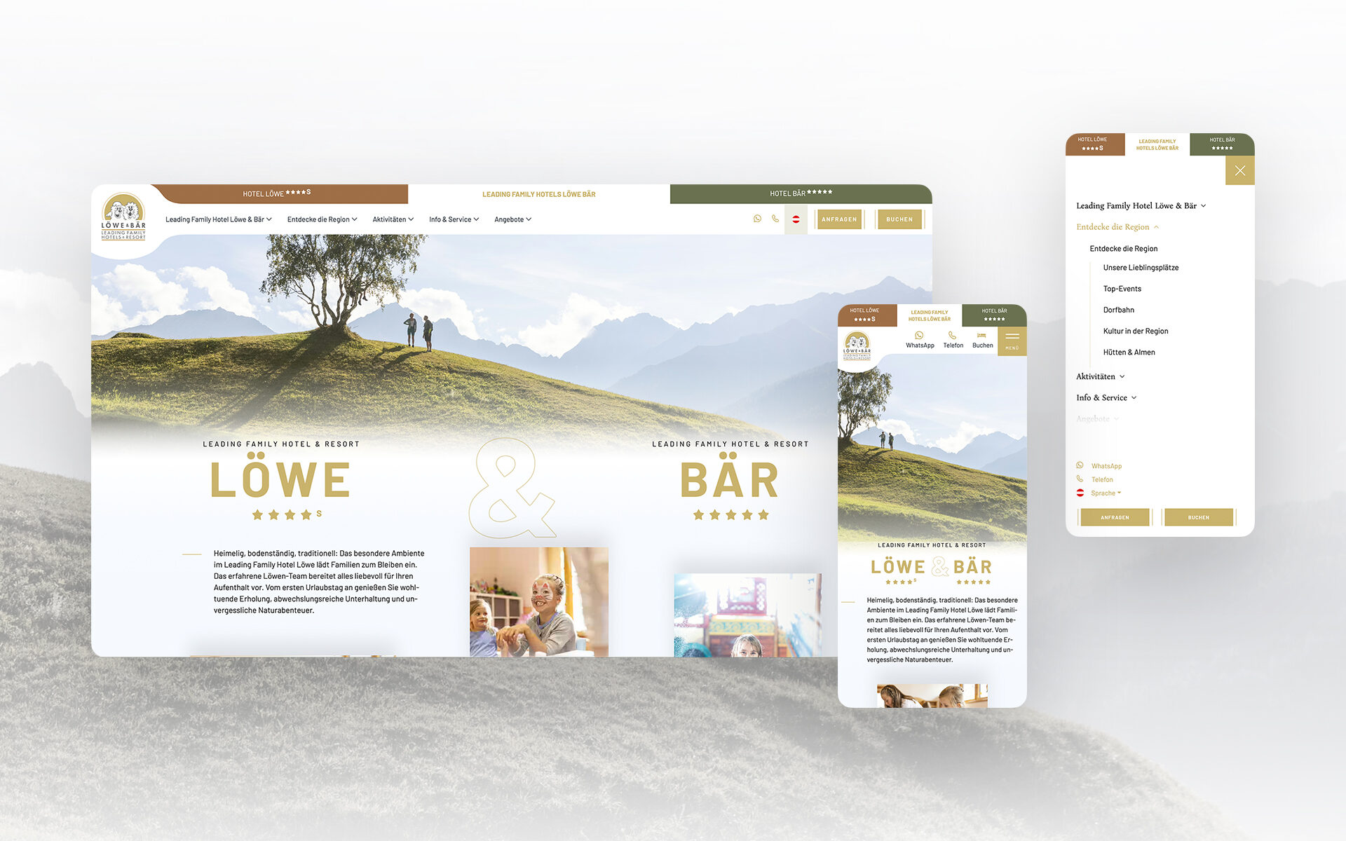 Mockup von der neuen Website der Leading Family Hotels Löwe & Bär. Dargestellt auf einem Laptop und zwei Smartphones.