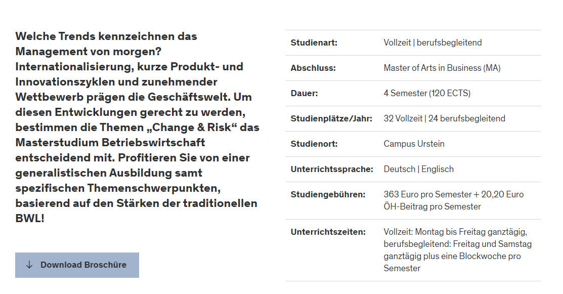 Text mit verschiedenen Details zum Masterstudium Betriebswirtschaftslehre an der FH Salzburg, darunter Dauer, Studienorte, Sprache, Studiengebühren und behandelte Schwerpunktthemen. Ein Button zum Herunterladen der Broschüre ist vorhanden.