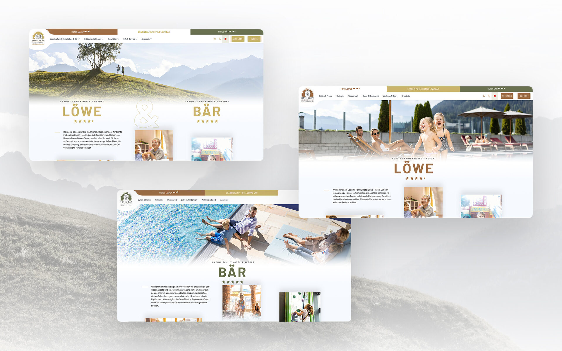 Screenshots der unterschiedlichen Startseiten der Leading Family Hotels Löwe & Bär.