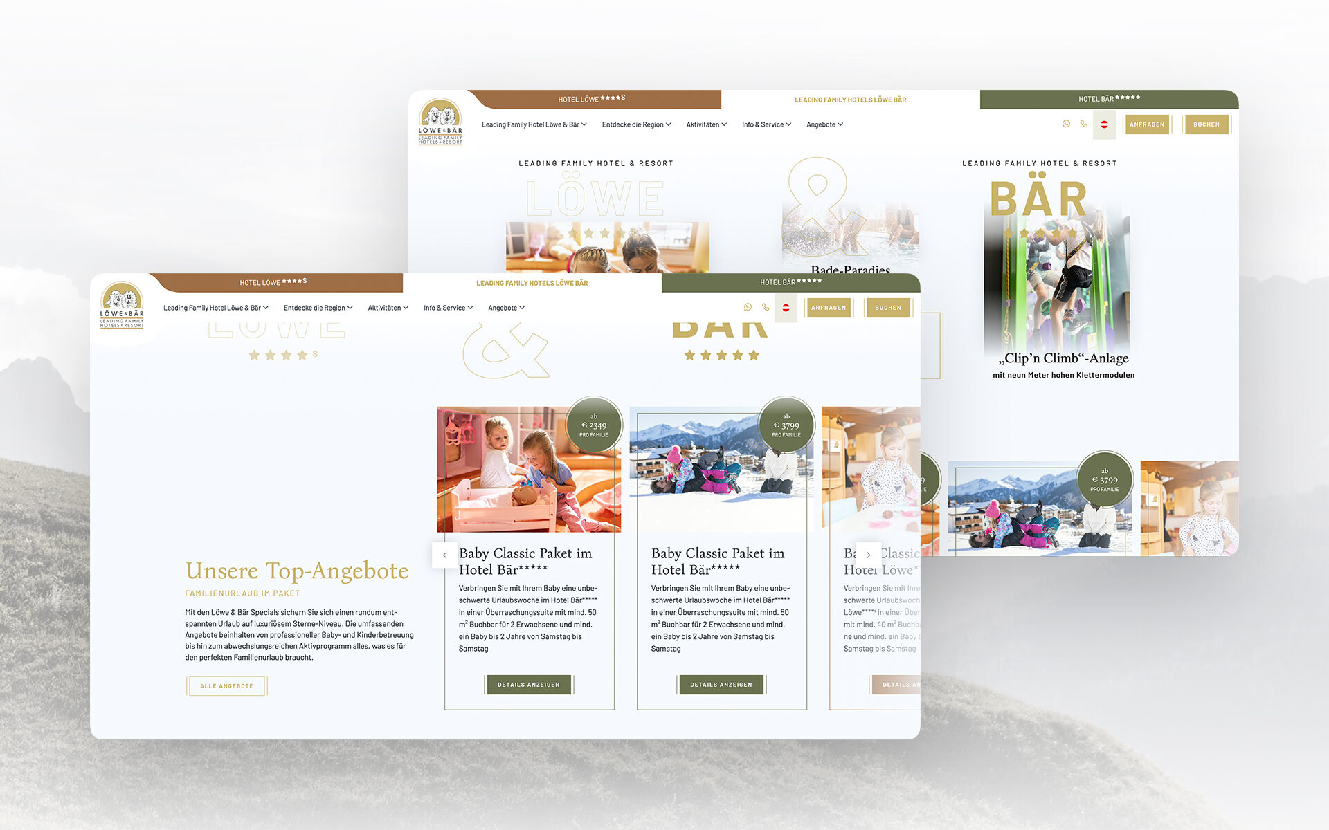 Startseite der Leading Family Hotels Löwe & Bär: dargestellt auf zwei übereinanderliegende Desktop-Screenshots