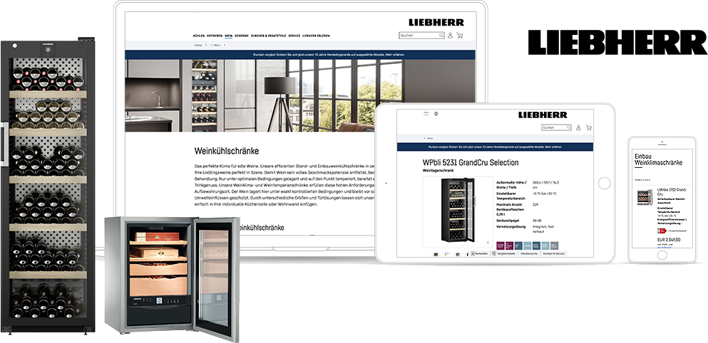 Image featuring various Liebherr wine refrigeration units and devices displaying Liebherr's website on a computer, tablet, and smartphone. The Liebherr logo is prominently visible, showcasing their integration with Adobe Commerce for a seamless shopping experience.