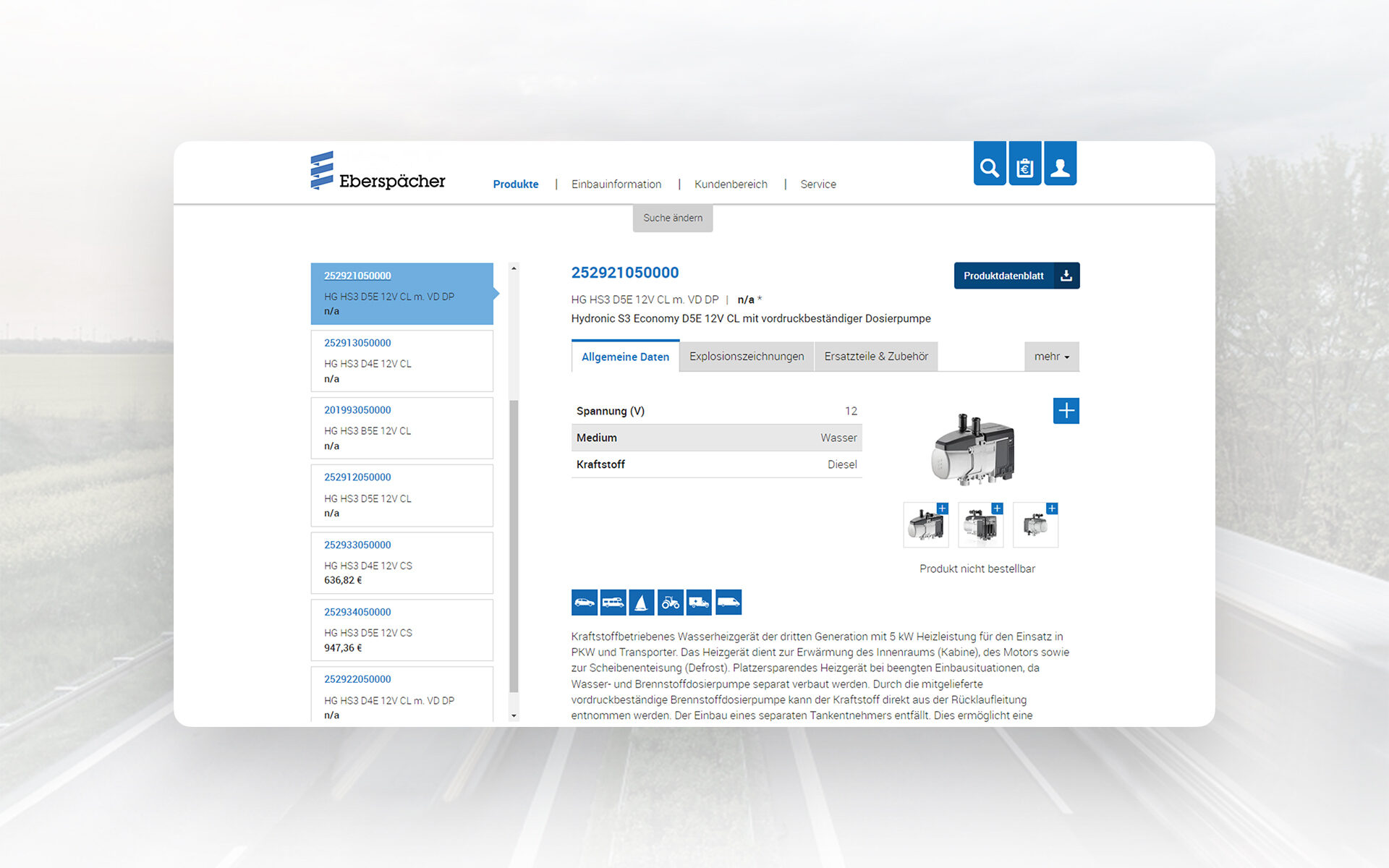 Screenshot der neuen Website der Eberspächer Gruppe: zu sehen ist eine Produktdetailseite.