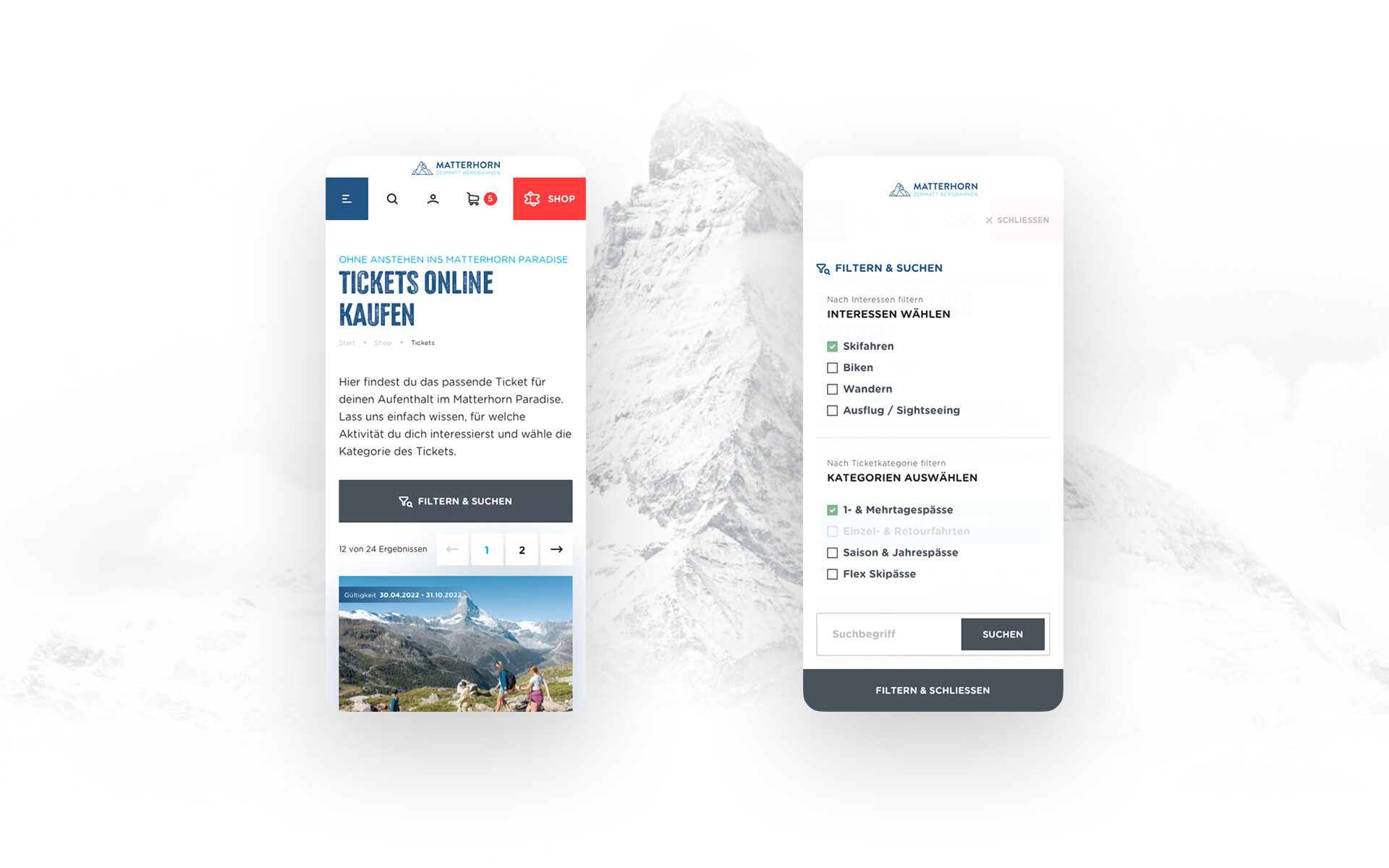 Zwei Screenshots auf Smartphonegröße vom Online-Shop von Zermatt Bergbahnen AG