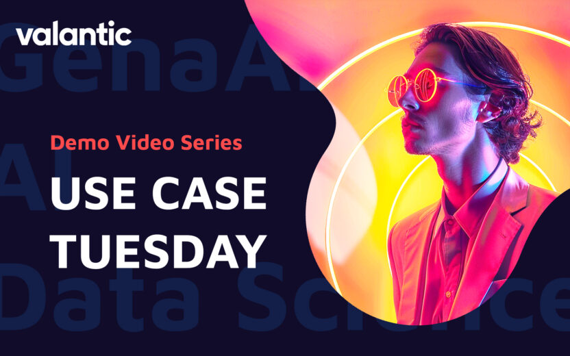 Promotional banner for Valantic’s “Demo Video Series” titled “Use Case Tuesday,” featuring a stylized image of a person in vibrant lighting and modern attire, highlighting the transformative power of Conversational AI.