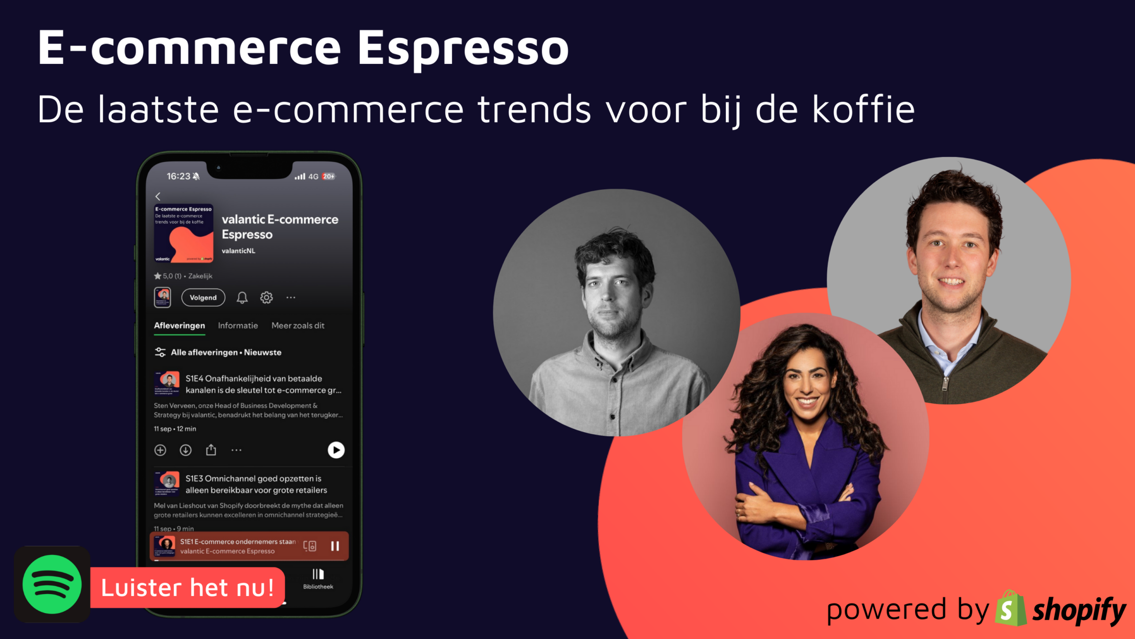 Promotionele afbeelding voor de podcast "E-commerce Espresso", met afbeeldingen van de hosts, belangrijke punten op het scherm en aangestuurd door Shopify-branding op een blauwe en oranje achtergrond. Ontdek inzichten in e-commerce met een vleugje expertise van valantic video.