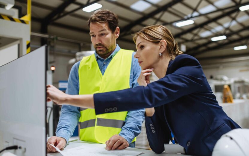 Man an woman standing in front of computer in stock environment