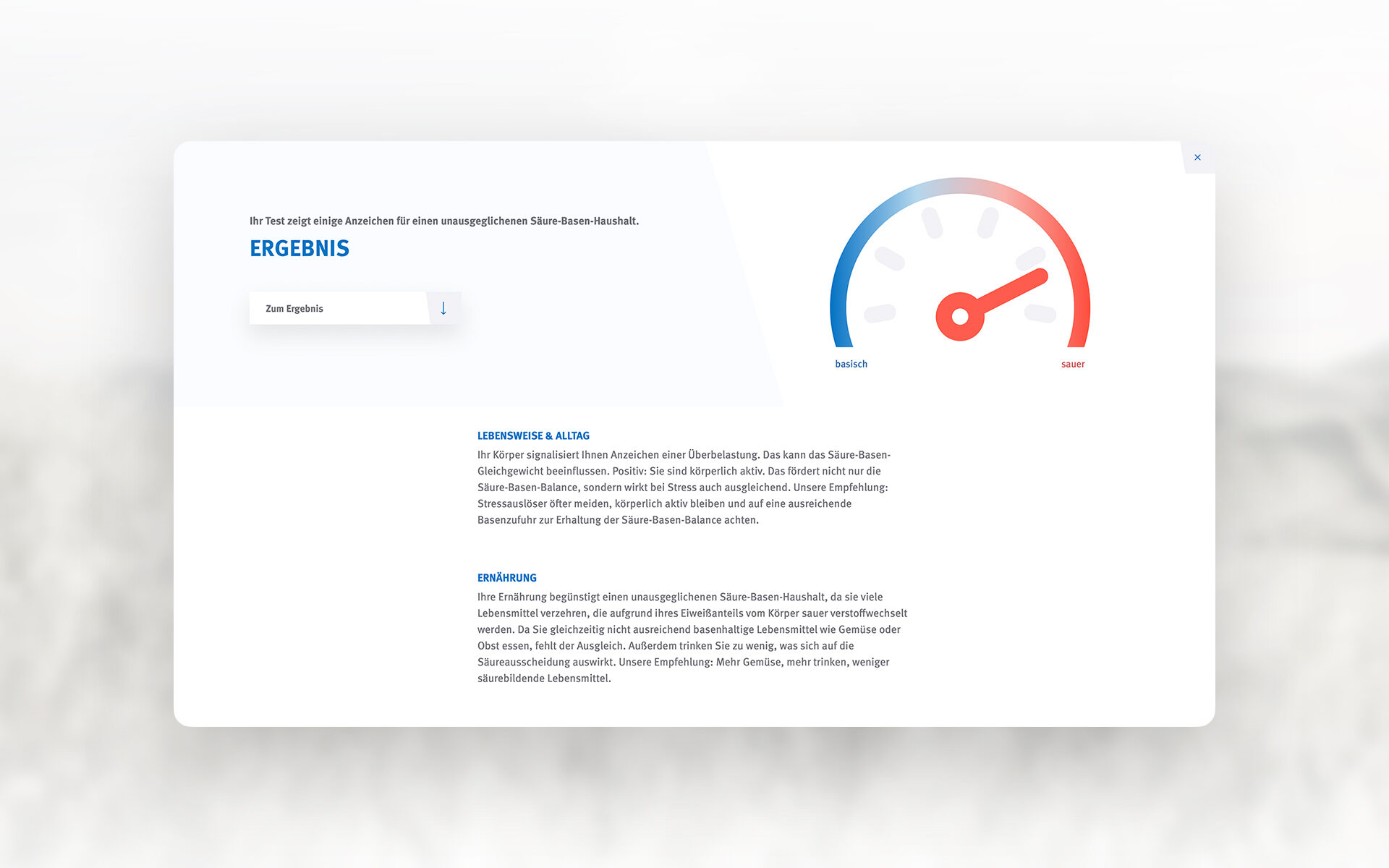 Mockup der neuen Website von Basica. Zu sehen ist das Ergebnis eines Säure-Basen-Onlinetests.