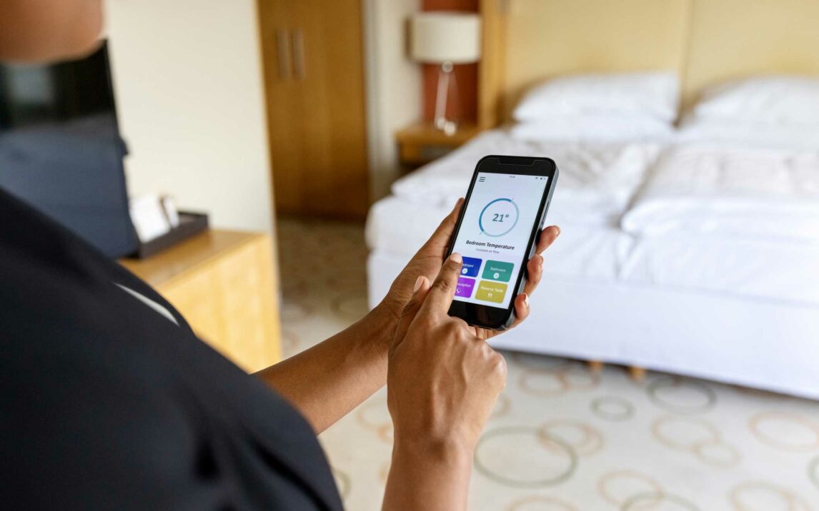 close up view of a woman adjusting her hotel room