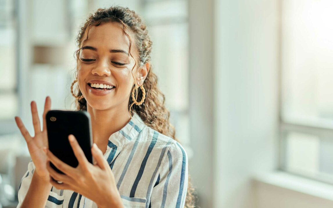 social media connection and woman typing on a phone