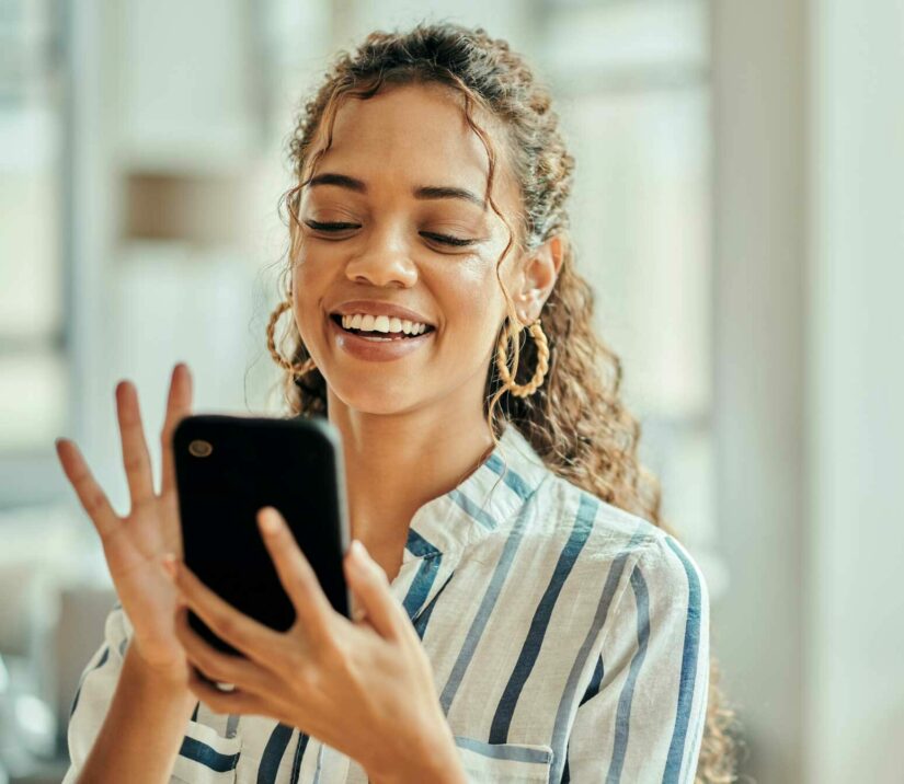 social media connection and woman typing on a phone