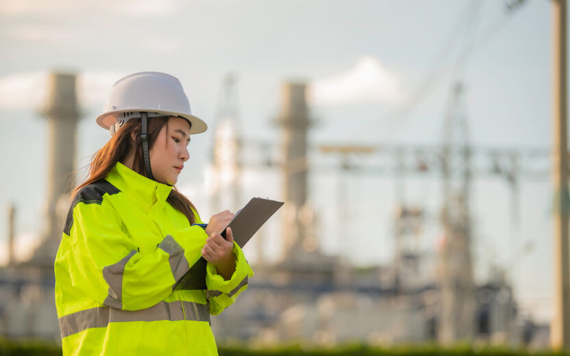 woman holding tablet standing in front of a power plant doing asset lifecycle management