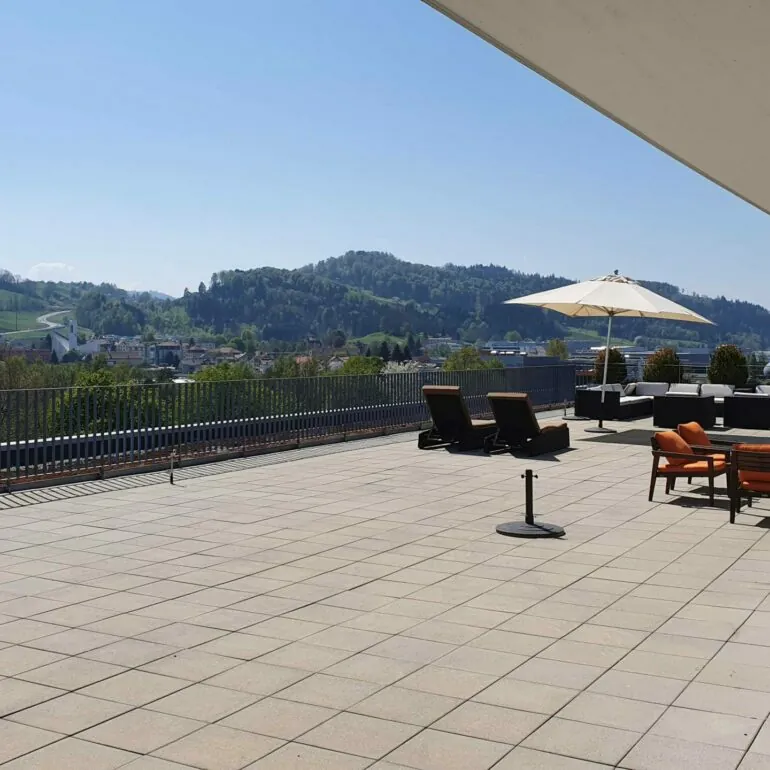 Image of a roof terrace and view, valantic Customer Engagement & Commerce St. Gallen branch