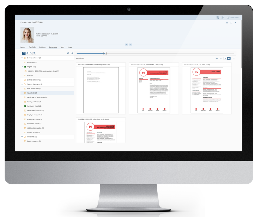 Bild eines Computerbildschirms mit der Benutzeroberfläche von cuSmarTextHR für die digitale Personalakte
