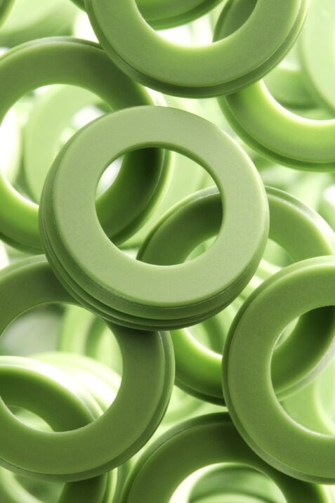 Close-up of silicone rubber sealing rings, Wacker.